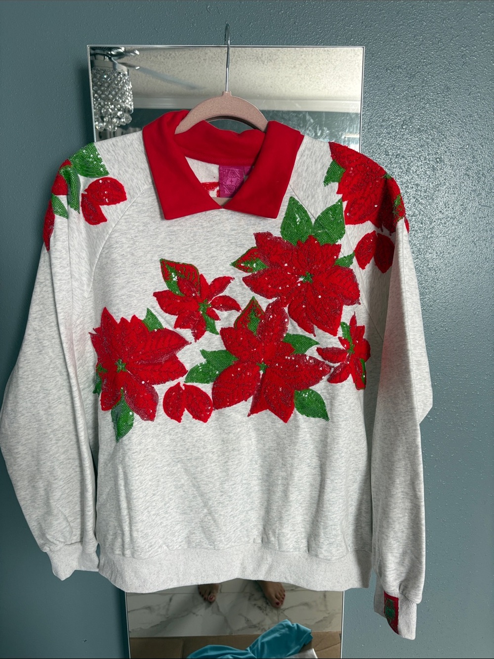 Queen Of Sparkles poinsettia sweatshirt with collar